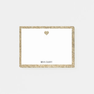Gold Glitter Herz & Rand mit Weiß Post-it Klebezettel