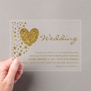 Gold Glitter Herz und Sterne Hochzeit Acryleinladungen