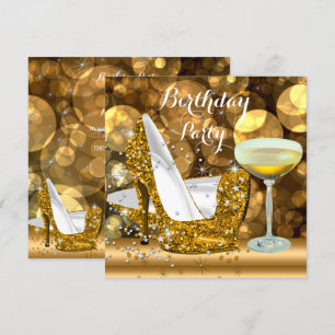 Gold Glitter High Heels Champagner Geburtstagsfeie Einladung