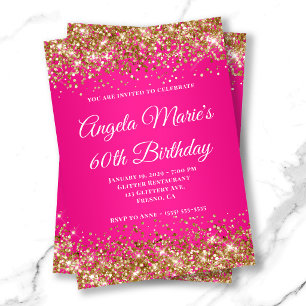 Gold Glitter Hot Pink Fancy Monogramm 60. Geburtst Einladung