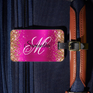 Gold Glitter Hot Pink Folie Fancy Monogramm Gepäckanhänger