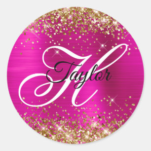 Gold Glitter Hot Pink Folie Fancy Monogramm Runder Aufkleber