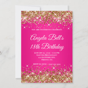 Gold Glitter Hot Pink Ombre Monogramm 18. Geburtst Einladung