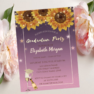 Gold Glitter Hut, Wein, Glas, Sonnenblumen Einladung
