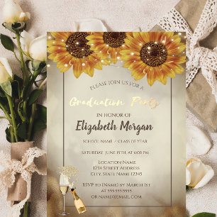 Gold Glitter-Kappe, Wein, Glas, Sonnenblumen Gold- Einladung