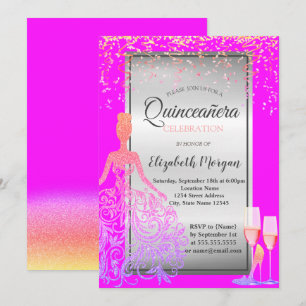 Gold Glitter Kleid, Absätze, Pink Quinceañera Einladung