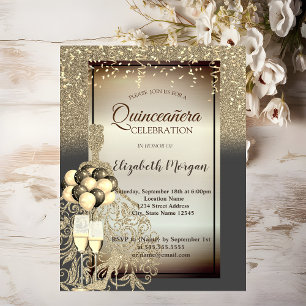Gold Glitter Kleid, Ballons, Quinceanera-Feier Einladung