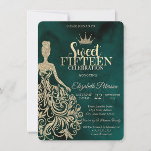 Gold Glitter Kleid, Diamanten Grün Sweet 15 Einladung