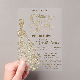 Gold Glitter Kleid, Diamanten Grün Sweet 16 Acryleinladungen
