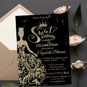 Gold Glitter Kleid, Konfetti Schwarz Quinceañera Einladung