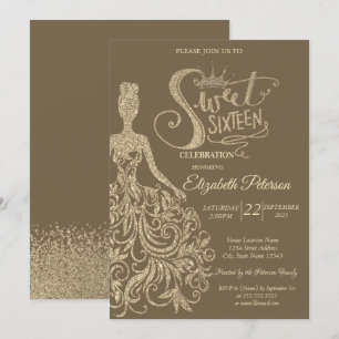 Gold Glitter Kleid Mädchen Krone, Diamanten Sweet Einladung