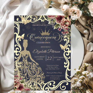Gold Glitter Kleid, Rahmen Schmetterling Floral Einladung