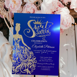 Gold Glitter Kleid, Tiara, Diamanten Blau Sweet 16 Einladung