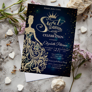Gold Glitter Kleid, Tiara, Diamanten Blau Sweet 17 Einladung