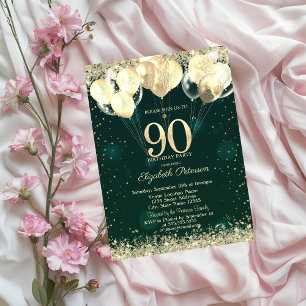 Gold Glitter Konfetti Ballons Grün 90. Geburtstag Einladung