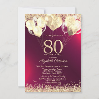 Gold Glitter Konfetti Ballons Rot 80. Geburtstag Einladung