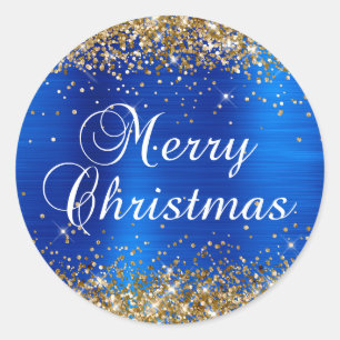Gold Glitter Königlich Blau Folie Frohe Weihnachte Runder Aufkleber