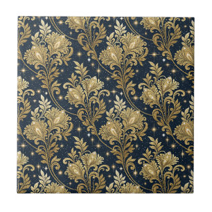 Gold Glitter Königspalast Florales Damastmuster Fliese