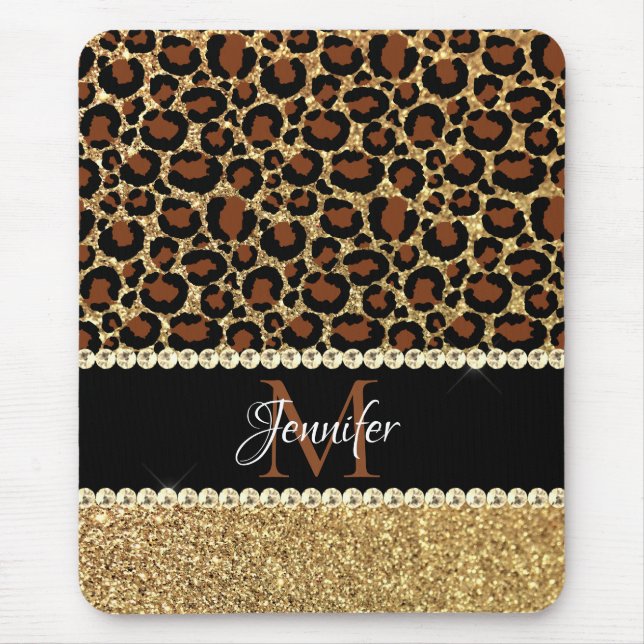 Gold Glitter Leopard Girly Glam Monogramm Mousepad (Vorne)