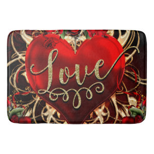 Gold Glitter Liebesherz & Rote Rosen Romantisch Badematte