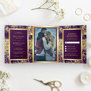 Gold Glitter Lila Marmor Foto Hochzeit Dreifach Gefaltete Einladung
