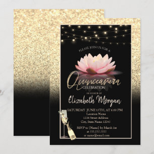 Gold Glitter, Lotus, Weinglas Quinceanera Einladung