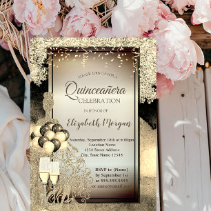 Gold Glitter,Luftballons,High Heels Quinceanera Einladung