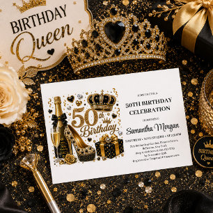 Gold Glitter Luxe Schwarze Fünfzig Geburtstagsfeie Einladung