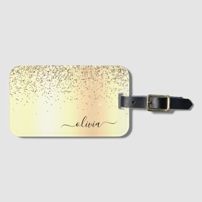 Gold Glitter Metal Monogram Glam Name Gepäckanhänger (Vorderseite (Horizontal))