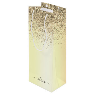 Gold Glitter Metal Monogram Glam Name Geschenktüte Für Weinflaschen