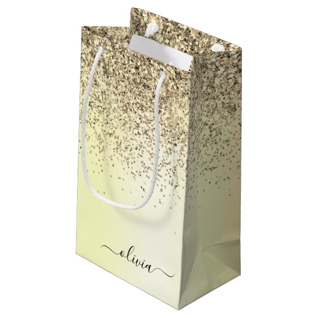 Gold Glitter Metal Monogram Glam Name Kleine Geschenktüte (Rückseite Schrägansicht)