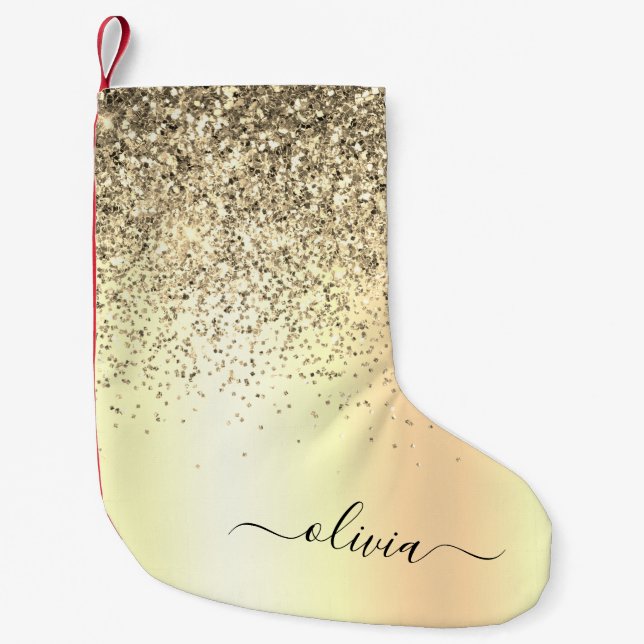 Gold Glitter Metal Monogram Glam Name Kleiner Weihnachtsstrumpf (Vorderseite)
