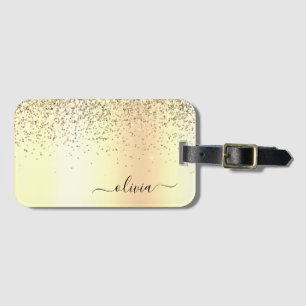 Gold Glitter Metall Monogramm Glam Name Gepäckanhänger