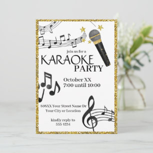 Gold Glitter Mikrofon Noten Karaoke Party Einladung