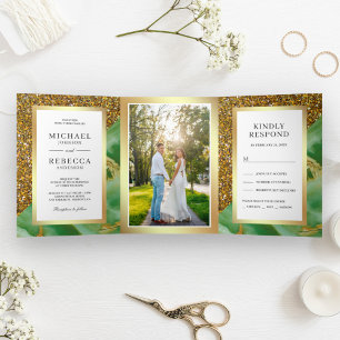 Gold Glitter Mint Grün Marmor Foto Hochzeit Dreifach Gefaltete Einladung