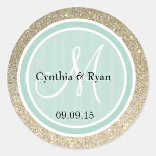 Gold Glitter & Mintgrün Hochzeitsmonogramm Runder Aufkleber