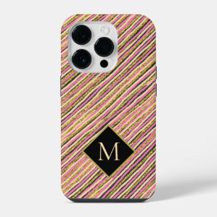 Gold Glitter Moderne Streifen Monogramm iPhone 14 Pro Hülle