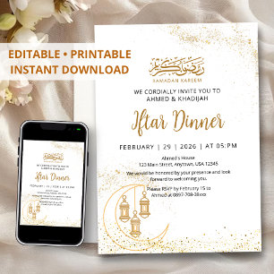 Gold Glitter Mond und Laterne Ramadan Iftar Einladung