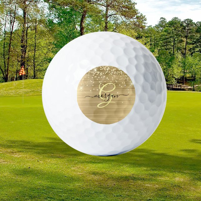 Gold Glitter & Monogram, Black Script Name Golfball (Von Creator hochgeladen)