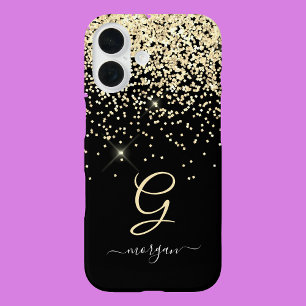 Gold Glitter & Monogram Weißer Schriftname auf Sch iPhone 16 Hülle