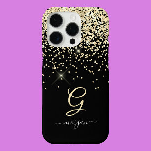 Gold Glitter & Monogram Weißer Schriftname auf Sch iPhone 16 Pro Hülle