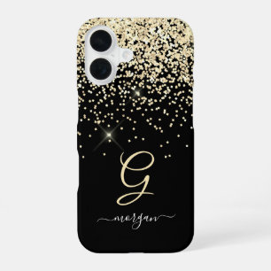 Gold Glitter & Monogram Weißer Schriftname auf Sch iPhone 16 Hülle