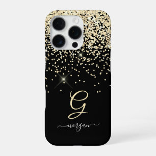 Gold Glitter & Monogram Weißer Schriftname auf Sch iPhone 16 Pro Hülle