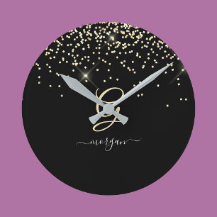 Gold Glitter & Monogram Weißer Schriftname auf Sch Runde Wanduhr