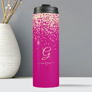 Gold Glitter & Monogram Weißer Schriftname, Fuchsi Thermosbecher