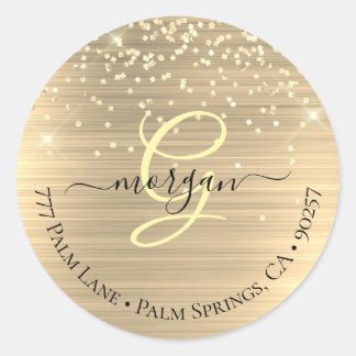 Gold Glitter & Monogramm, schwarze Schreibschrift  Runder Aufkleber