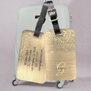 Gold Glitter & Monogramm, schwarzer Schriftname Gepäckanhänger