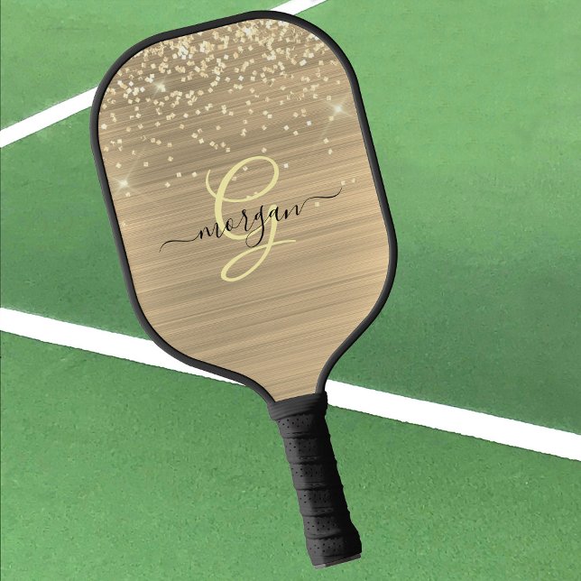 Gold Glitter & Monogramm, schwarzer Schriftname Pickleball Schläger (Von Creator hochgeladen)