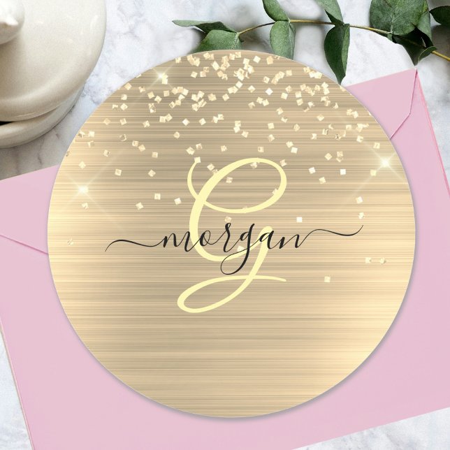 Gold Glitter & Monogramm, schwarzer Schriftname Runder Aufkleber (Von Creator hochgeladen)