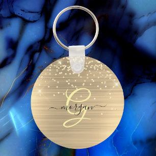 Gold Glitter & Monogramm, schwarzer Schriftname Schlüsselanhänger
